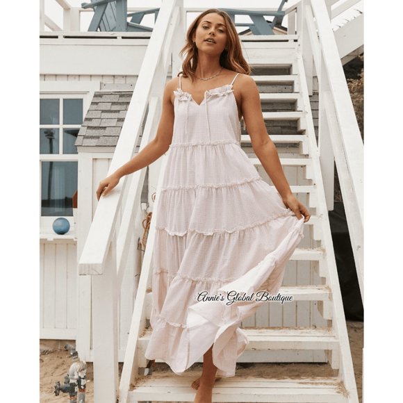 RARE NWT ANTHROPOLOGIE Senorita Gingham Ruffled Maxi Dress. Size L - Picture 2 of 16